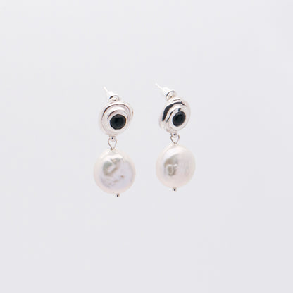 Solar Flares - Sunspots Black Agate White Pearl Drop Earrings - S (Silver)