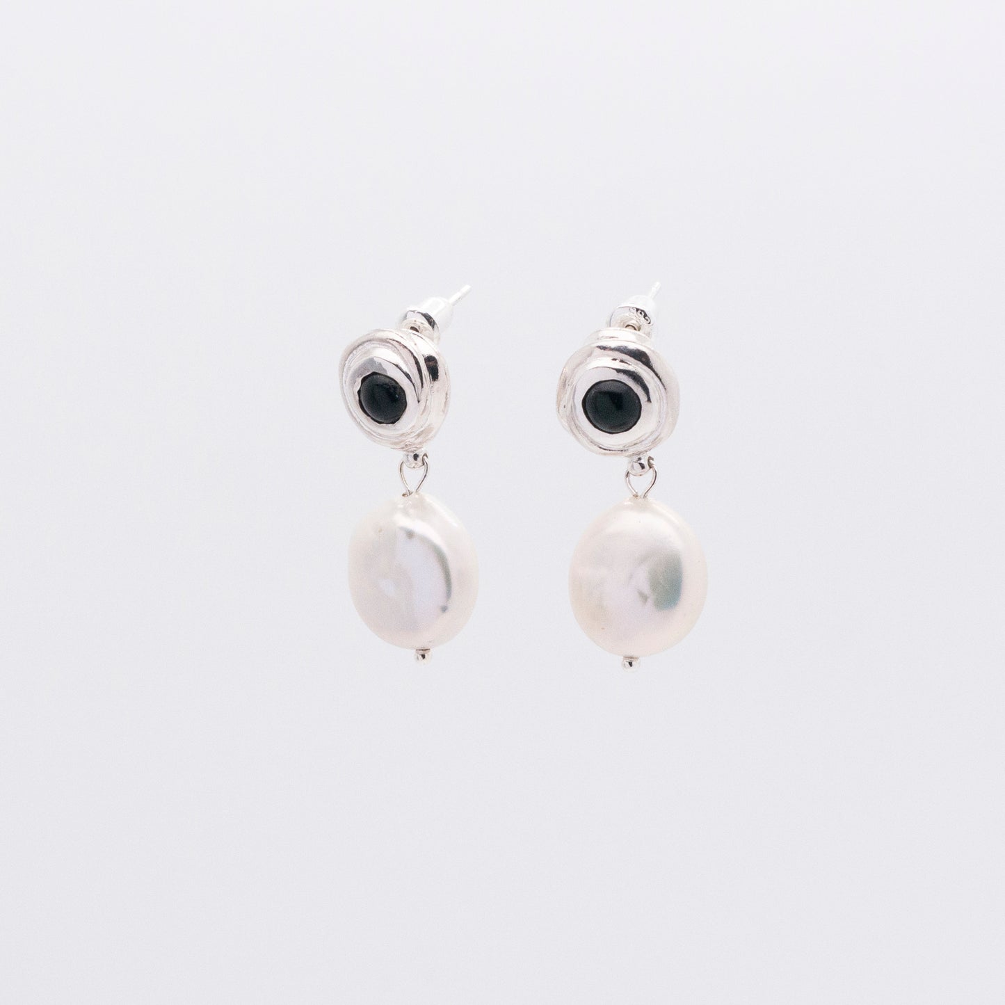 Solar Flares - Sunspots Black Agate White Pearl Drop Earrings - S (Silver)