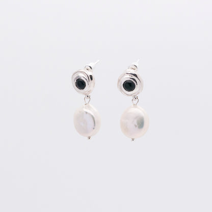 Solar Flares - Sunspots Black Agate White Pearl Drop Earrings - S (Silver)