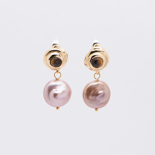 太陽閃焰 太陽黑子虎眼石垂墜粉紫珍珠耳環-厚鍍18K金 (S)