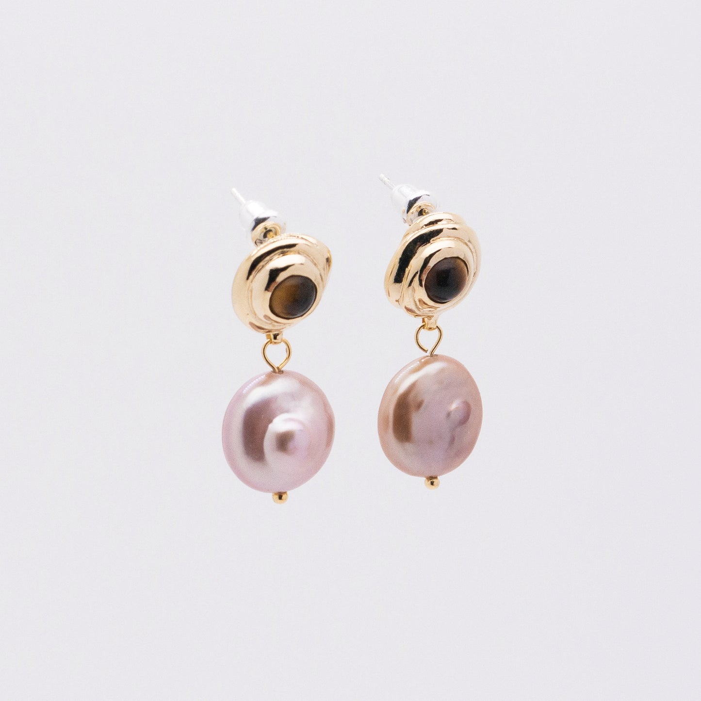 太陽閃焰 太陽黑子虎眼石垂墜粉紫珍珠耳環-厚鍍18K金 (S)