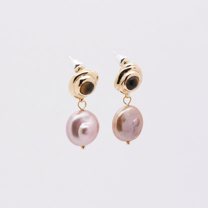 太陽閃焰 太陽黑子虎眼石垂墜粉紫珍珠耳環-厚鍍18K金 (S)