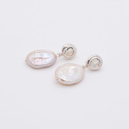 Solar Flares - Sunspots Opal Pearl Drop Earrings - L (Silver)