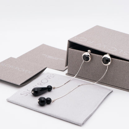 Solar Flares - Sunspots Hypersthene Earrings + Asymmetric Thread Earring Backs (Silver)