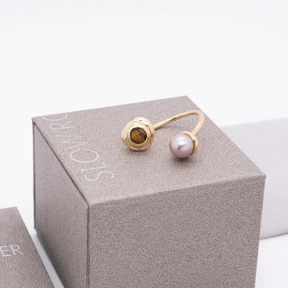 太陽閃焰 太陽黑子虎眼石粉紫珍珠戒指-厚鍍18K金