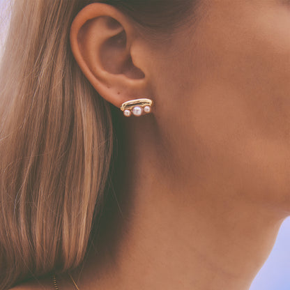 多重宇宙 時空旅行珍珠小耳環＋可拆式不對稱耳後扣-厚鍍18K金